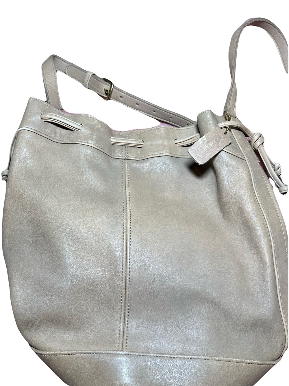 Coach Light Gray Leather Drawstring Hobo Bag